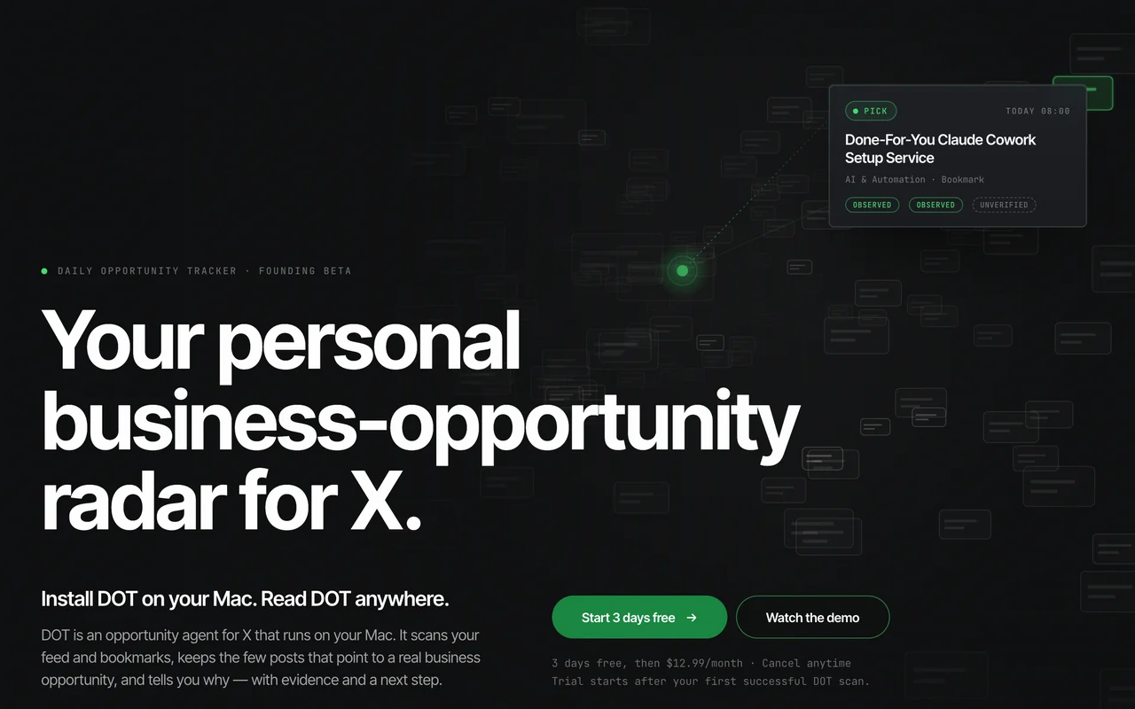The dotscout.si homepage: “Your personal business-opportunity radar for X”, with a DOT Pick card.