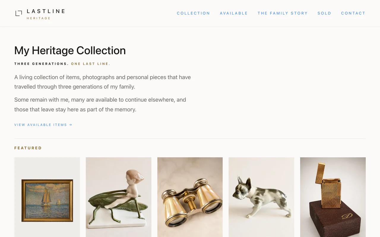 The Lastline Heritage landing page: “My Heritage Collection”, with featured objects from the collection.