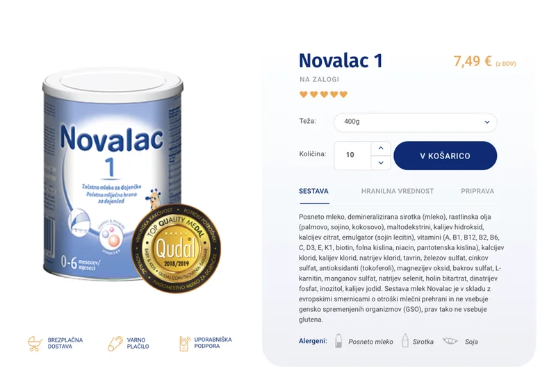 Novalac, Product page